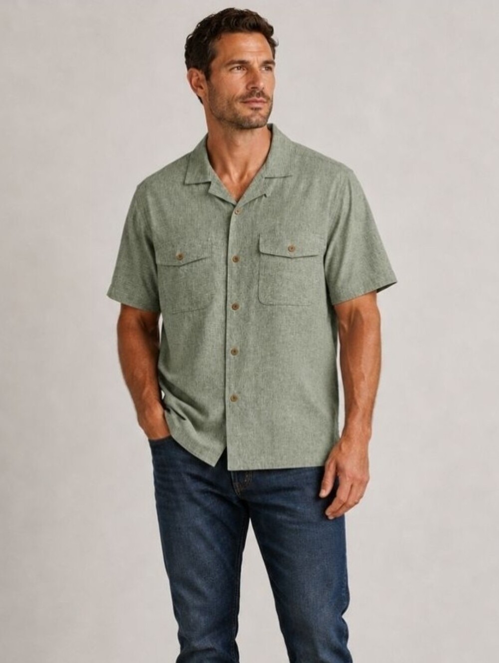 Land's End Men's Short Sleeve Cotton Linen Button Through Camp Collar Shirt